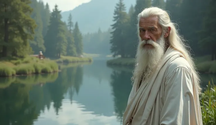 realistic image of an old man, long white hair, long white beard, serene expression, wearing a white robe near a lake