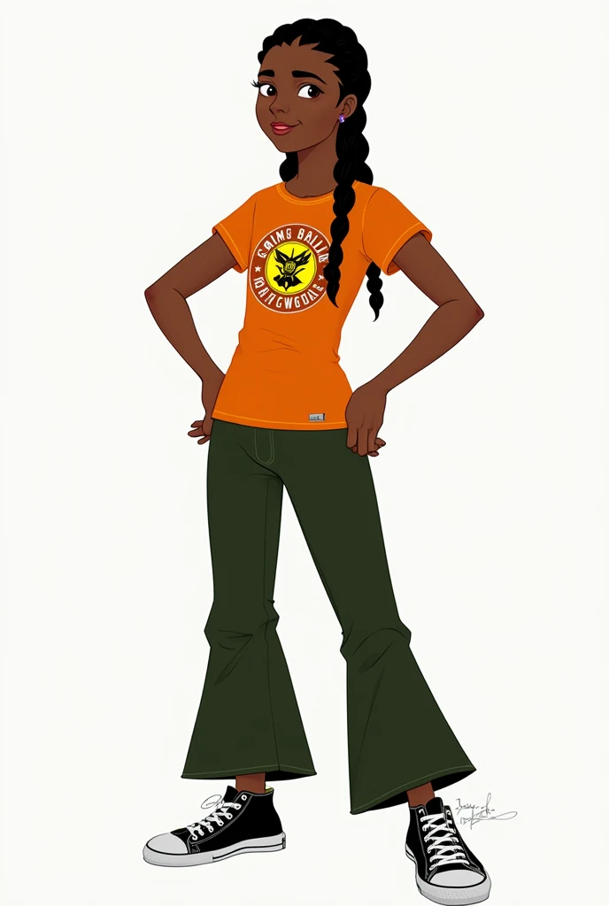 make a 2d drawing oc of percy jackson, a girl with chocolate skin and black braided hair, greenish black wide leg pants and an orange Camp Half Blood t-shirt and black All Stars