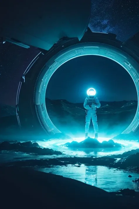 「 Create a scene where the astronauts are drifting towards a portal in another dimension。The portal is swirling 、 emits a blue light 。 Make sure you can see the green terrain and river in the background 。」
