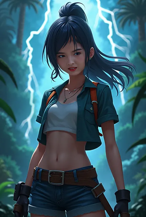 an cute brazilian female character is standing behind it and his head is turned to face the camera. Her face is aggressive. The background is green and has lightning bolts, with detailed shadows and highlights to make it stand out. The style of the artwork...