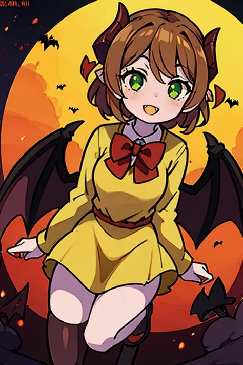 Demon woman, light-pale-skin, brown curly-hair, red bowtie, green eyes. horns, demon tail, bat wings, yellow dress with long sleeves. >:D. (anime), (devilish), (HD, 4k, best quality.)