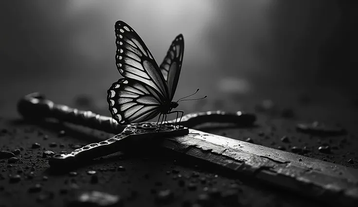 Create a black and white themed image in a darker aesthetic of a butterfly and a broken sword behind it 