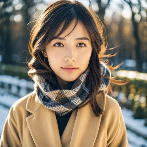 A hyper-realistic image of a single Japanese woman in her late 20s, exuding mature beauty and elegance, captured with the strong nostalgic warmth and pronounced graininess of a film camera. She is dressed in refined winter attire, featuring a long coat wit...