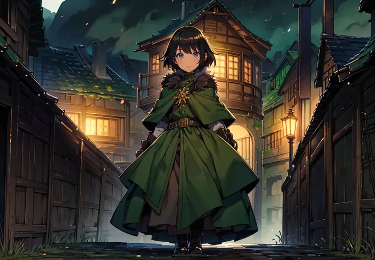 yuichiro hyakuya girl, (WithoutFear:1), 1 girl, black hair, green eyes, brown coat, gray armor, elves, sylvan, green shield, green cloak, dark brown gloves, forest, white fur trim, anime, standing, good quality, portrait, looking at viewer