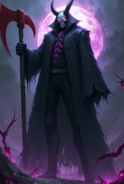 Create a realistic death-like male anime character with supreme power with a huge, black ripped raincoat and a white skull face with horns and eyes glowing in the dark him with a huge red sickle with a purple and black power surrounding him