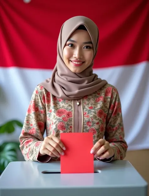  Photography of a beautiful Indonesian woman wearing a hijab, wearing a flower-patterned kebaya ,  holding red and white paper ,  and inserting it into an aluminum election box in front of her , Smiling at the camera.  on the back of the decoration of the ...