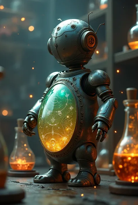 a realistic photo of a small robot with the body of a magic portion