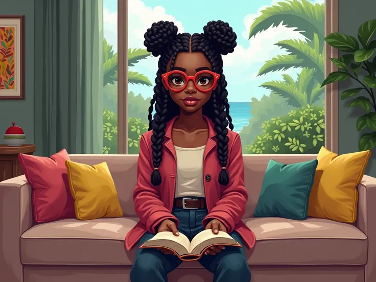 Drawing a black girl, preppy outfit style, long braids, sitting in a modern villa, living room in jamaica background，Pixel Art，front, wearing red glasses, reading a book