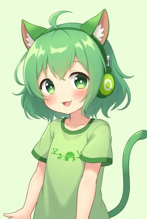  2d picture anime cute girl green hair with green cat ear headset, green eyes, green t-shirt shirt  