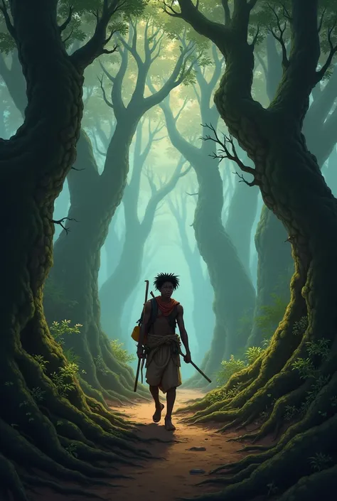 A dense, mist-filled forest called the Forbidden Forest, dark and mysterious, with towering, ancient trees whose twisted roots form a natural labyrinth. The atmosphere is heavy with magic and danger. Chidi, carrying a wooden staff and wearing rugged clothi...