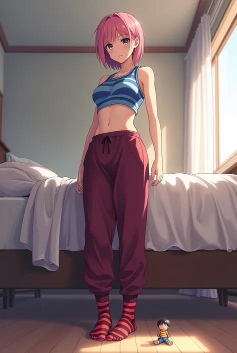 Anime art of a giantess with short pink hair and grey eyes. She is wearing a tanktop that has blue and light blue stripes that shows her stomach, maroon colored sweatpants, and red and black striped socks that cover the entire foot and no shoes. She is sta...