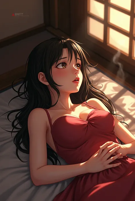 (((best quality))), (((very aesthetic))), (ultra-detailed), (best illustration),Aerith in a kimono lying on her back in a Japanese-style room in a surprised pose,Weakness,(head tilt),(Ahegao),(sad smile),Inner thighs,Wide eyes open,(tears),stick tongue out...