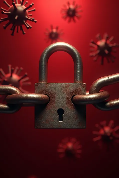  Animated image of a padlock closed on a chain. With the red HIV virus in the background 