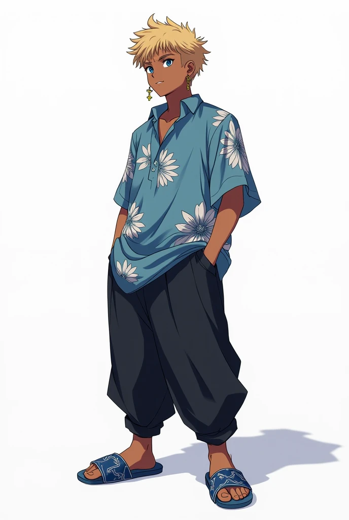 ((Artwork)), (Anime_art_style), ((8K)), 1 black male named Johan, blonde curly hair combed to one side. hooded eye style with navy blue iris color, wears cross earrings in his ear, medium curved nose, oval face type, wears a blue dress shirt with a white f...