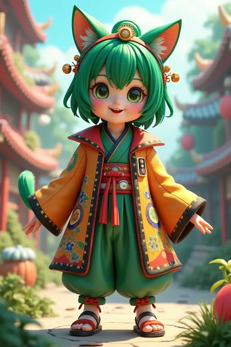  3d anime picture green hair costume, cat race .