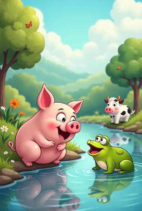 Pig and a his frog and a cow in the river cartoon to paint