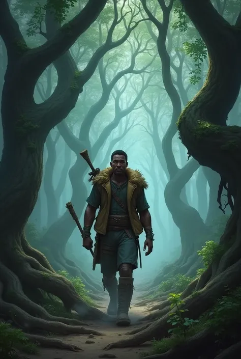 A dense, mist-filled forest called the Forbidden Forest, dark and mysterious, with towering, ancient trees whose twisted roots form a natural labyrinth. The atmosphere is heavy with magic and danger. Chidi, carrying a wooden staff and wearing rugged clothi...