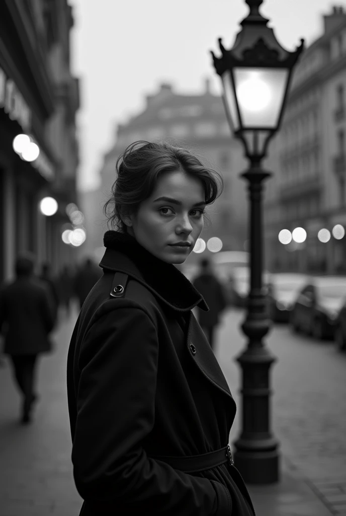 A photo of a young woman in a coat near a lamp post in Paris in the 1960s black and white