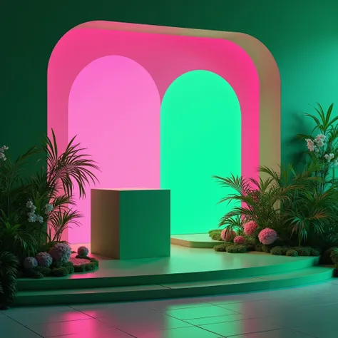 a stage with a green box near a product stand with few green plants and pink flowers and dark green walls a neon pink background with neon jade