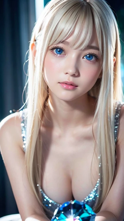  portrait、very white high school girl、Young, white, shiny skin 、Best Looks、Blonde Reflected Light 、 Platinum Blonde Hair with Dazzling Highlights 、Shiny bright hair、super long silky super long straight hair、Shiny, beautiful bangs、 sparkling crystal clear a...