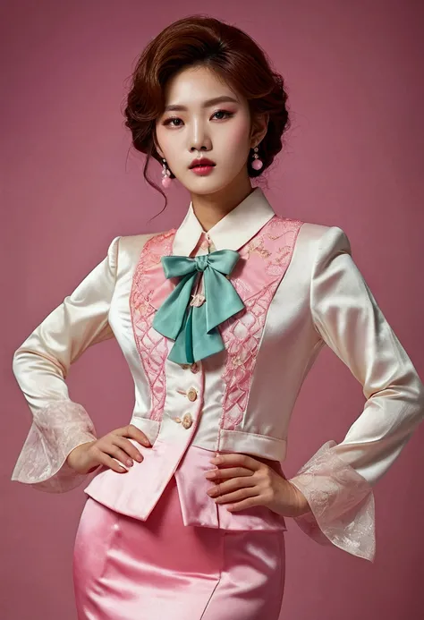 A Korean man in ladies vintage suit dress, he is crossdresser, breasts like a woman, slender female body, His hairstyle is short and manly, white and pink, long sleeves, short jacket, mermaid skirt, silk