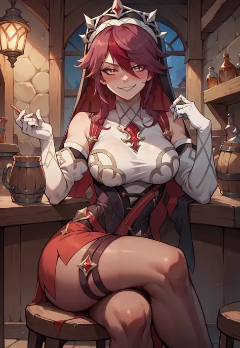 Rosaria, Genshin Impact, gyaru cosplay, smirk, blush, sitting on a chair, medieval tavern, night time,