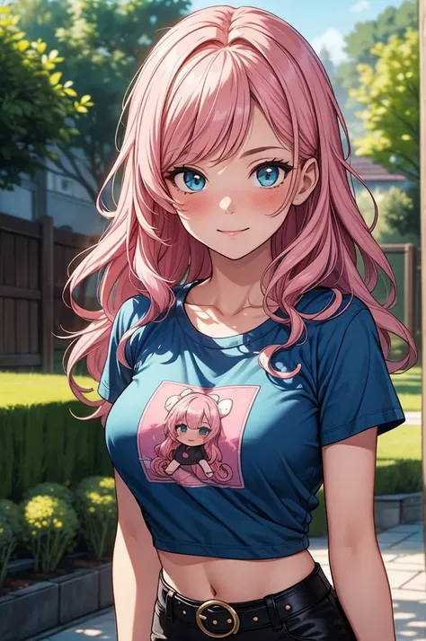 ((masterpiece, best quality:1.3, high detail)), beautiful woman, light smile, looking at viewer, long wavy hair, (pink hair), (full-face blush), ((blue t-shirt), graphic tee), large breasts, (long black midi pencil (skirt)), skirt belt, bracelets, collarbo...