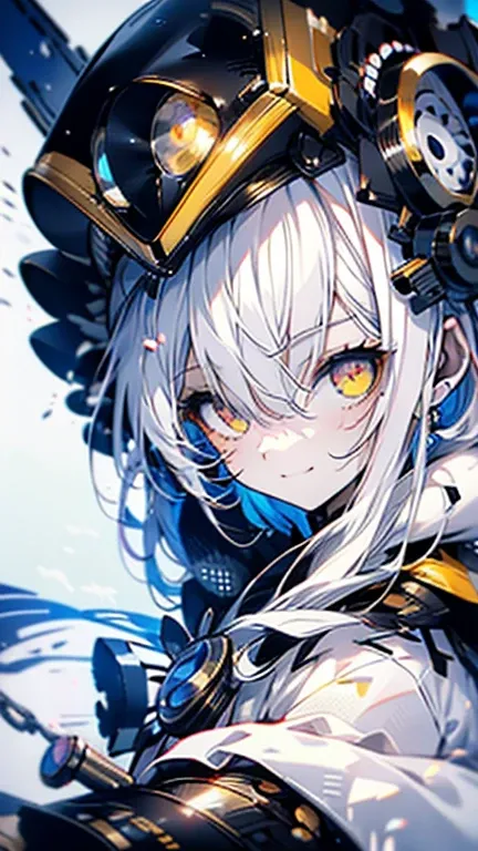 biologically correct, many gear are there, machine girel, white hair, ahoge, long hair, shiny hair, hair over one eye, hood up, mole under eye, raised eyebrows, mismatched pupils, yellow eyes, longeyelashes, sad, forced smile, anime,  UHD, retina, masterpi...