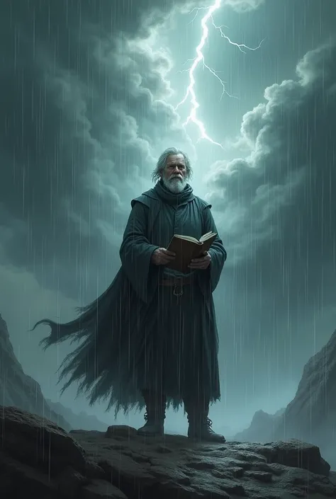 Generate an image of a stoic in the midst of a storm, book cover format