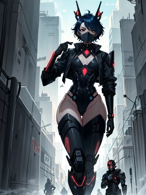 android, femboy, male, joints, robot, cyberpunk, black eyes, midnight blue hair, circuits running through skin, robot arms, shaggy hair, uniform, cropped jacket, cyberpunk mask, robot mask, curvy, flat chest, male chest, 1boy, solo, wide hips, big ass, man...