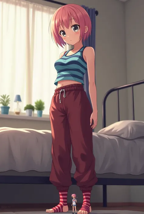 Anime art of a giantess with short pink hair and grey eyes. She is wearing a tanktop that has blue and light blue stripes that shows her stomach, maroon colored sweatpants, and red and black striped socks that cover the entire foot and no shoes. She is sta...