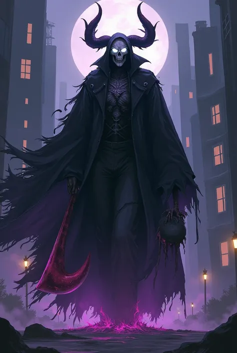 Create a realistic death-like male anime character with supreme power with a huge, black torn raincoat and a white skull face with horns and white eyes glowing in the dark he with a huge, blood-red sickle with a purple and black power around him he wanderi...