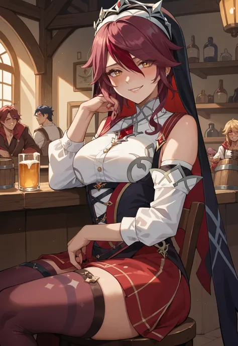 Rosaria, Genshin Impact, gyaru cosplay, smirk, blush, sitting on a chair, medieval tavern, night time,