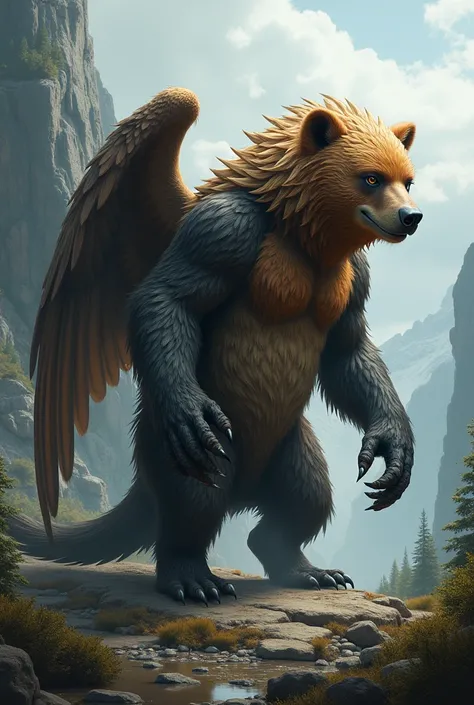 A bear mixed with a stray and a bird  