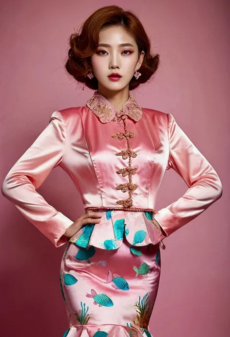 A Korean man in ladies vintage suit dress, he is crossdresser, breasts like a woman, slender female body, His hairstyle is short and manly, pink, satin, long sleeves, short jacket, mermaid skirt, silk