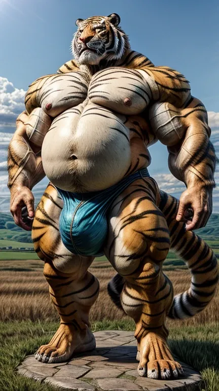 Fat male tiger beast man。Huge belly。 huge muscles。 huge bulge 。Statue。Full body portrait。grassland。 Details。Precise depiction。 highest resolution。Maximum number of pixels。 Best Picture Quality 。 hyperreal 。 photorealistic。