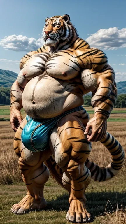 Fat male tiger beast man。Huge belly。 huge muscles。 huge bulge 。Statue。Full body portrait。grassland。 Details。Precise depiction。 highest resolution。Maximum number of pixels。 Best Picture Quality 。 hyperreal 。 photorealistic。