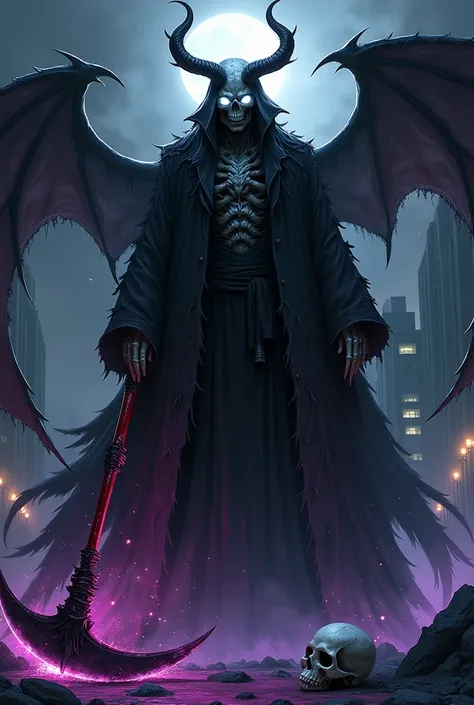 Create a realistic death-like male anime character with supreme power with a huge, black torn raincoat and a white skull face with horns and white eyes glowing in the dark he with an enormous, blood-red sickle with a purple and black power around him he wa...