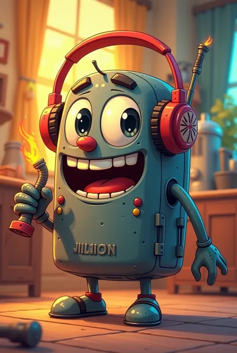 Create an image of happy little furnace with headphones and joint in a hand in cartoon style