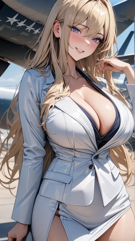  masterpiece  , modern, Verism,  masterpiece , Super detail, best quality, 4k ,((adult face)), woman,Wearing a white coat, Mature woman Blue Eyes Blonde 
Blue hair,  American plane,  long hair ,  Big breasts,  blue eyes,Smile Teacher Sexy