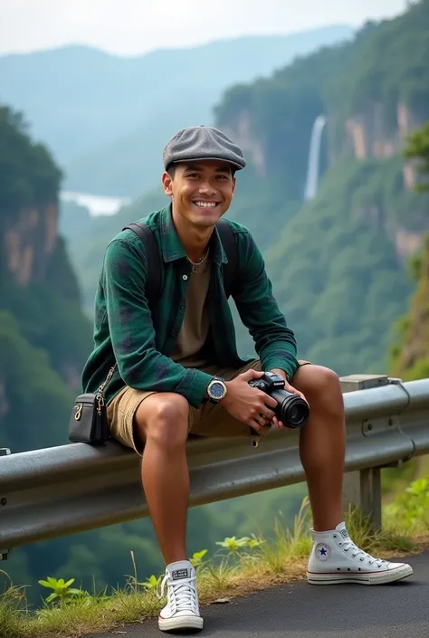 Cool photography style, mountain nuance, A young and handsome Javanese man, 20 years  wearing a flat gray cap, wearing a green plaid flannel shirt, brown cargo shorts, high white converse shoes, wearing a watch, carrying a Cartier bag, sitting in a cool st...