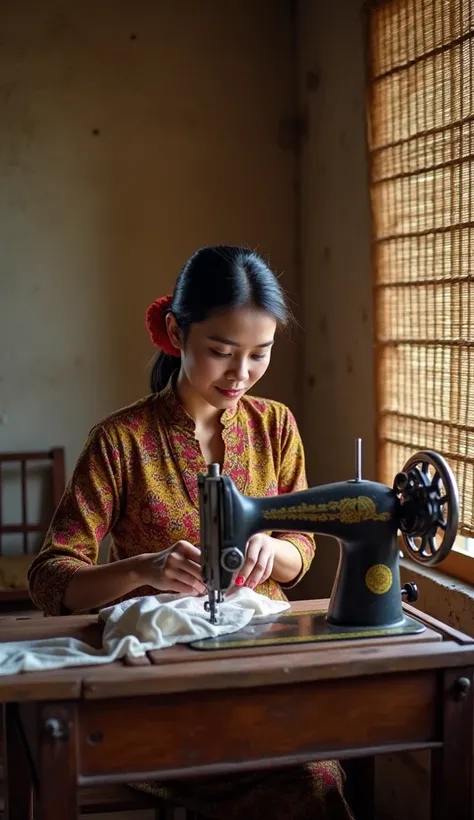 A beautiful Indonesian girl ,  wearing authentic indonesian kebaya with batik patterned jarit ,  is sewing a cloth with an ancient sewing machine ,  in a room in an ancient house with bamboo woven booths in a daytime atmosphere with views of the 80s