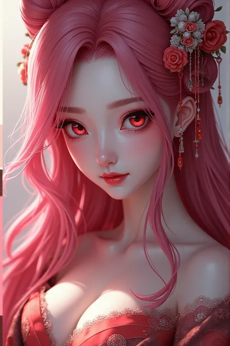 Oiran seductive woman with extremely beautiful pink hair looking at the camera red eyes light skin color stunning look beautiful