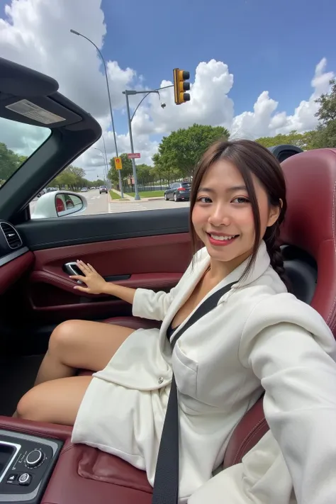 a 28-year-old female ceo wearing high-end fashion clothes from a subjective perspective, smiling cutely. sitting in the driver's...