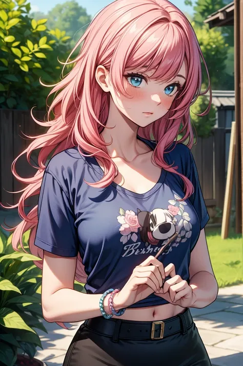 ((masterpiece, best quality:1.3, high detail)), beautiful woman, looking to the side, looking away, long wavy hair, (pink red hair), (full-face blush), ((blue t-shirt), graphic tee), large breasts, (long black midi pencil (skirt)), skirt belt, bracelets, c...