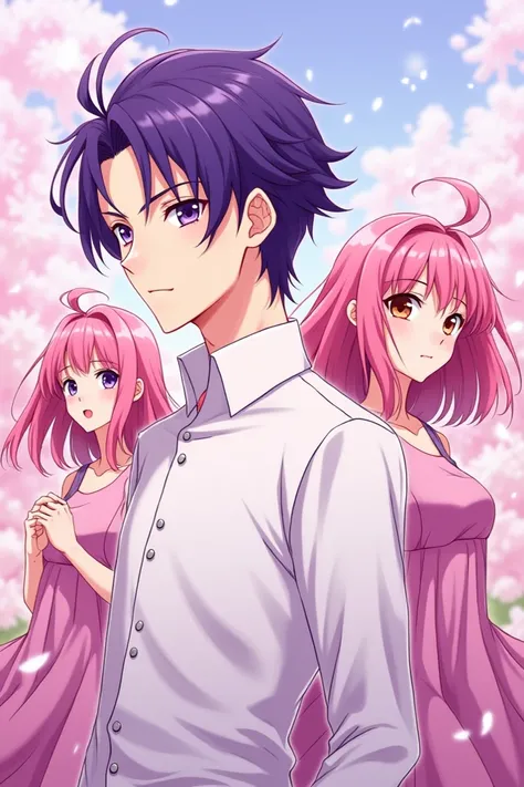 Make an anime sketch of a colored picture ,  a purple-haired man in white and a girl with pink hair and a pink-haired girl in pink. Make it the cover of the book ,  try to have the background in pink and the other items in pink 