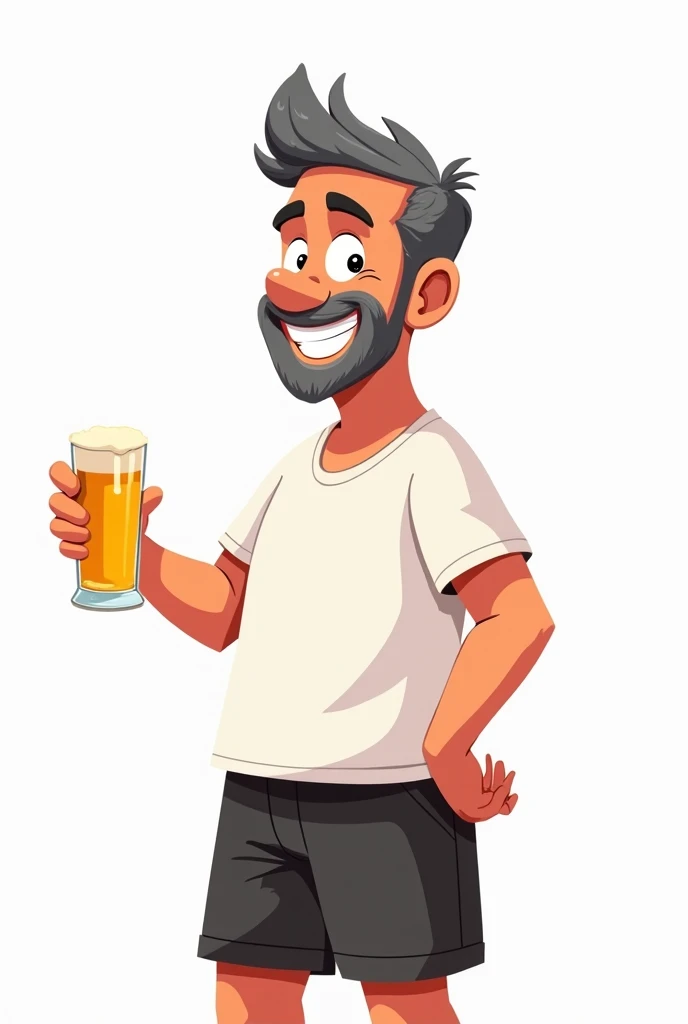  Create a cartoon of a short Brazilian man , gray,  short hair with bangs, mustache and a shallow beard also gray , short neck, Almost at ideal weight,  in one hand a glass of beer and in the other hand doing positive,  wearing a short sleeve white t-shirt...