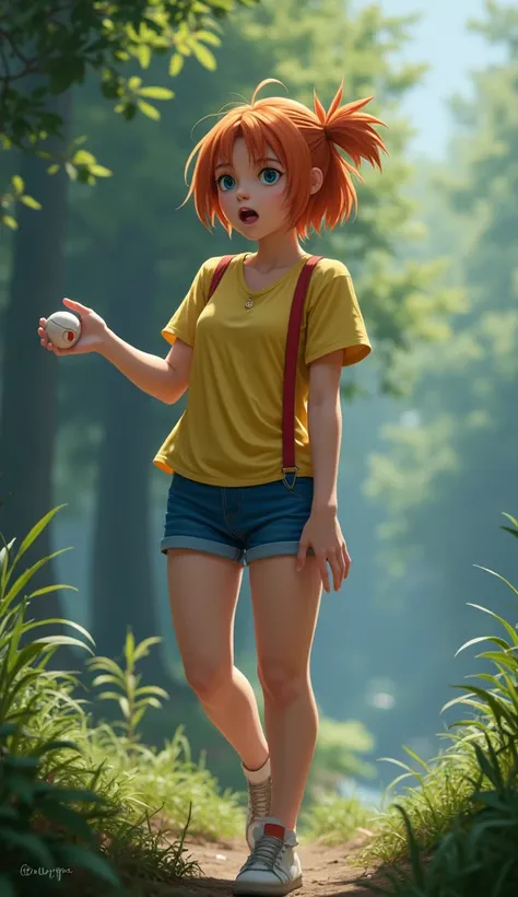 ((Misty)), (best qualityer), (great lighting), (Masterpiece artwork), (upper details), (whole body), (fully body),1 beautiful girl, (short orange hair tied to the side), blue colored eyes, (body skinny), breasts small, big-ass, small yellow shirt, (shirt t...