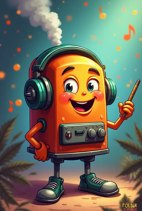 Create an image of happy little furnace with headphones and marijuana in a hand in cartoon style