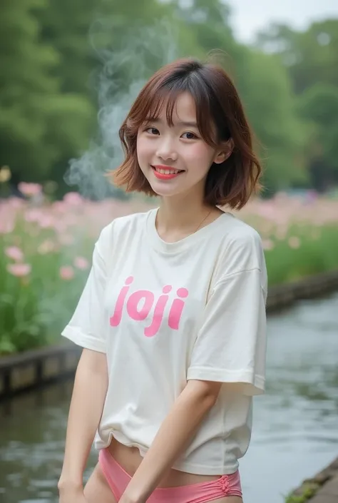 An image of a young woman preparing to take a bath at the creek, beside a flower garden, with the steam floating, comfortable. The girl is wearing a thin white T-shirt with the word joji written in pink, paired with pink lingerie, a light red lipstick. Her...